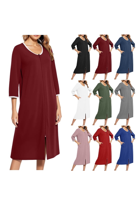 Womens Lounger Robes with Pockets Zipper Up Crewneck Nightgown Casual 3/4 Sleeve Duster Housecoat Lightweight Full Length Loungewear