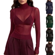 Aboser Womens Mesh Sheer Tops Trendy Turtleneck Shirts Lightweight Cozy Long Sleeve Crop Top Slim Fit Party Clubwear Soft Stretchy High Neck Undershirts