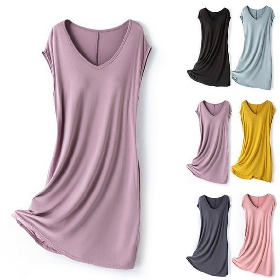 Aboser Womens Nightgown with Built in Bra Breathable V Neck Modal Sleepwear Casual Cap Sleeve Nightshirts Loose Knee Length Loungewear Solid Color Cozy Soft Sleep Dress