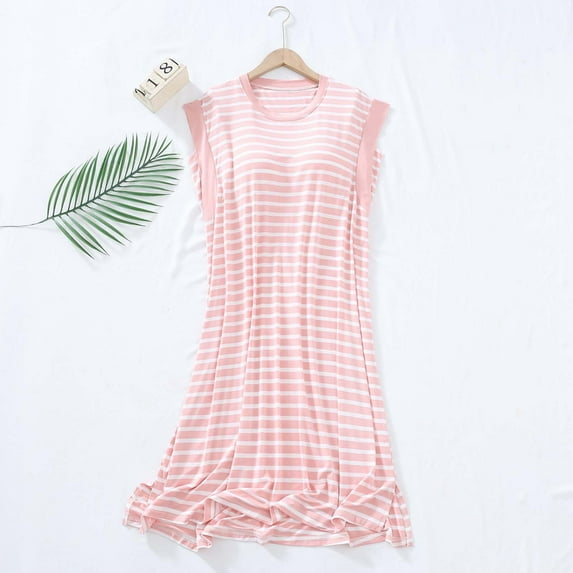 Aboser Womens Nightgown with Built in Bra Long Sleepwear Cozy Modal Nightdress Cute Striped Print Loungewear Soft Crewneck Sleep Shirts