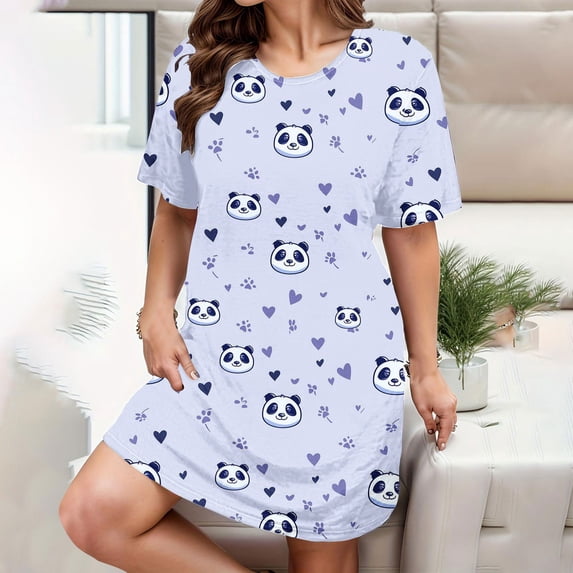 Aboser Womens Nightgowns Plus Size Short Sleeve Sleepdress Cute Cartoon Print Nightshirt Loose Fit Midi Pajama Dress Comfy Soft Crewneck Loungewear
