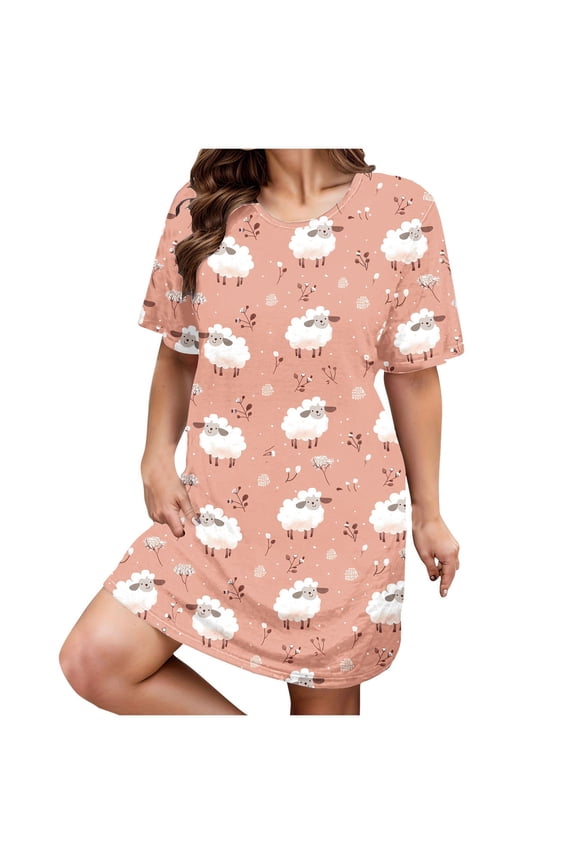 Womens Nightshirts Plus Size Short Sleeve Sleepdress Cute Cartoon Sheep Print Nightgown Loose Fit Midi Pajama Dress Comfy Soft Crewneck Loungewear