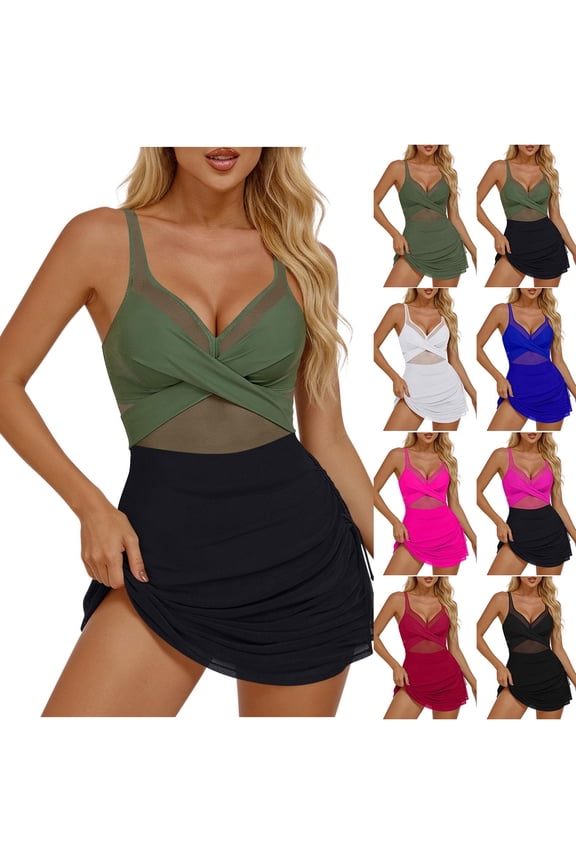 Womens One Piece Swimdress High Waisted Mesh Sheer Swimsuits Push Up Padded Bathing Suit Slim Fit Summer Beachwear