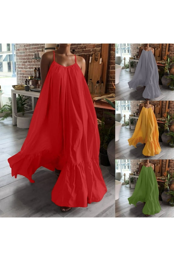 Womens Oversized Maxi Dresses Plus Size Flowy Dress Ruffle Hem Sleeveless Sundress Loose Fit Spaghetti Strap Long Dresses 2026 Summer Backless Beach Dress