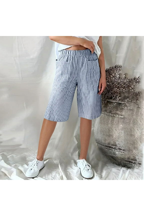 Womens Oxford Bermuda Shorts with Pockets Casual Elastic Waist Long Shorts Loose Wide Leg Beach Shorts Casual Blue Striped Capri Pants