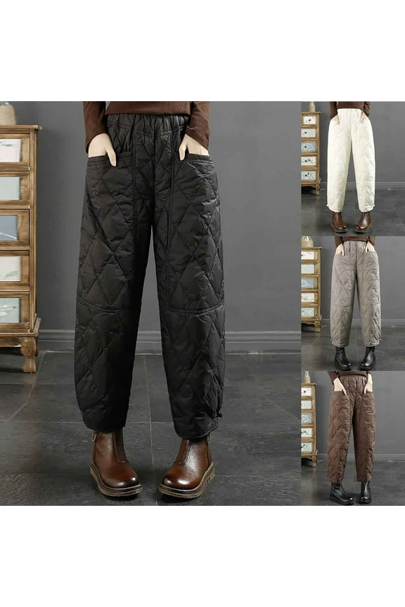 Womens Padded Quilted Pants Winter Warm Puffer Pants Loose Fit Comfy Harem Pants Casual Elastic High Waist Trousers with Pockets Coffee M