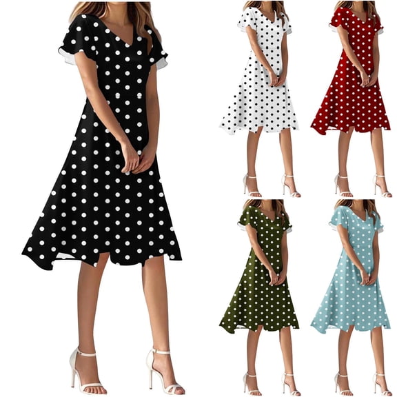 Aboser Womens Party Dresses for Wedding Guest Fashion Polka Dot Print Sundress Flowy A-Line Beach Dress Summer Short Sleeve Midi Dresses Soft V Neck Dress