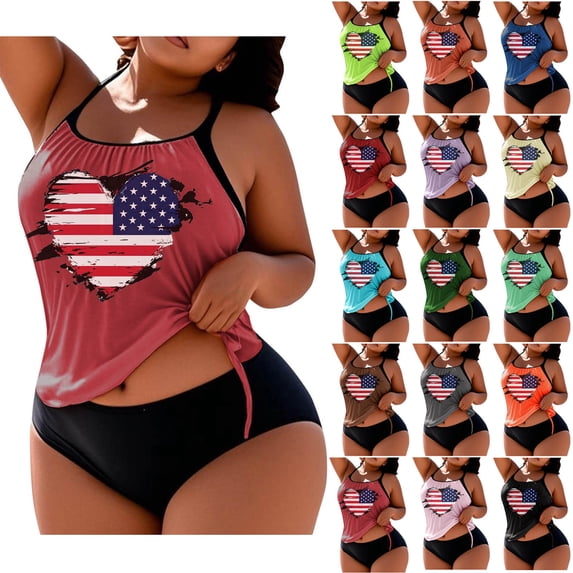 Aboser Womens Patriotic American Flag Tankini Bathing Suit with Shorts Plus Size Summer Beachwear Tummy Control Two Piece Swimsuits Fourth of July Festival Swimwear Watermelon Red XXXXXL