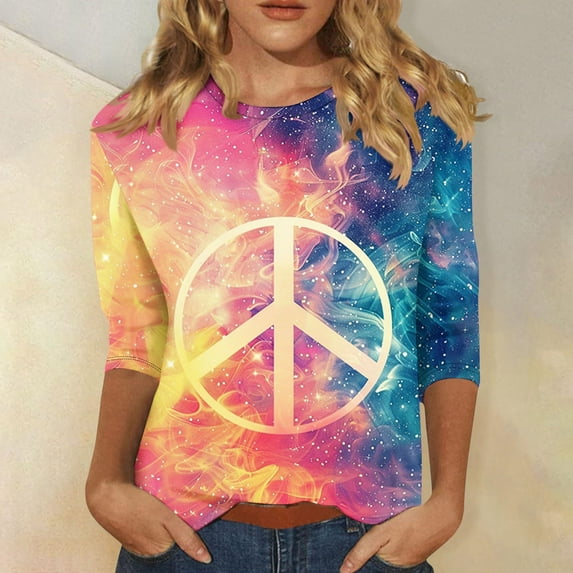 Aboser Womens Peace Sign T Shirt Vintage Hippie Costume Tshirt Funny Floral Graphic Tees Ladies Gifts Casual 3/4 Sleeve Tunic Tops Party 60s 70s Inspirational T-shirts