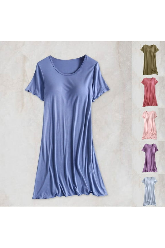 Womens Petite Nightshirts Built in Bra Short Sleeve Modal Nightdress Comfy Crew Neck Sleep Shirts Cotton Blend Loungewear Below Knee Length Nightgowns