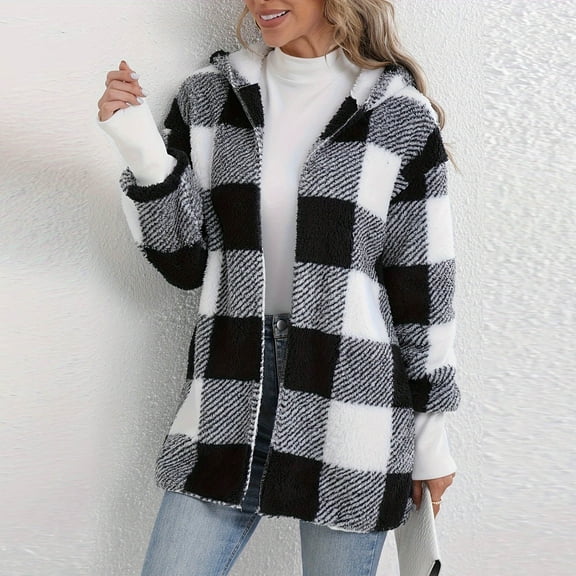 Aboser Womens Plaid Cardigan Jackets Thick Fuzzy Fleece Hoodie Coat Warm Open Front Jacket Loose Long Sleeve Sweater Cardigans Trendy Hooded Coats