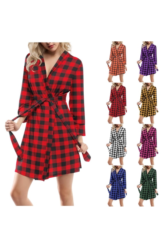 Womens Plaid Robes Vintage Checked Print Bathrobes Comfy Long Sleeve Loungewear Loose Fit Belted Towel Robe Sleepwear with Pockets Red M