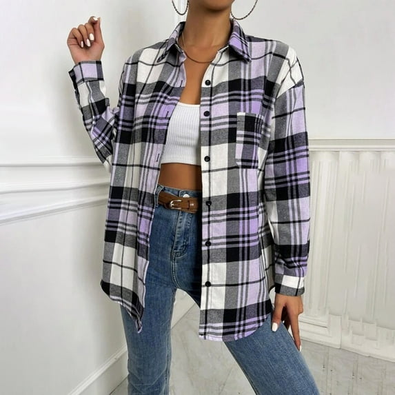 Aboser Womens Plaid Shackets Warm Long Sleeve Shirt Coat Lapel Button Down Fleece Jacket Fashion Tartan Shacket Dressy Casual Shirts Outerwear