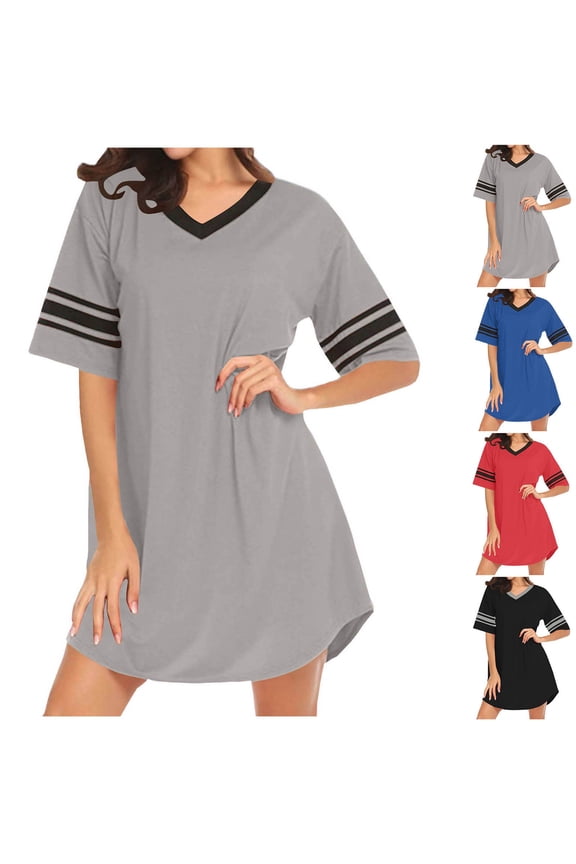Womens Plus Size Nightgown Short Sleeve V Neck Sleep Tee Loose Fit Loungewear Fashion Color Block Striped Mini Nightdress Soft Breathable Cotton Blend Sleepshirts