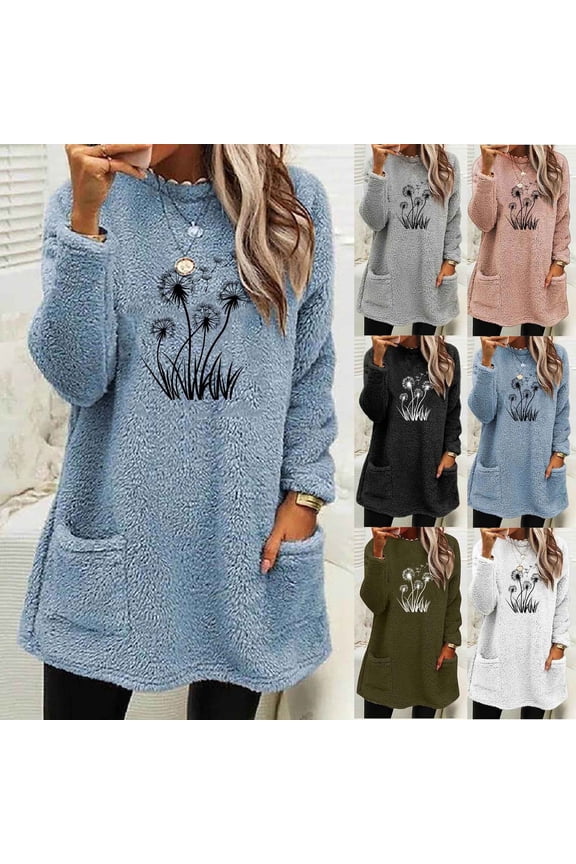 Womens Plus Size Sherpa Sweatshirt Fuzzy Fleece Long Shirts Crew Neck Long Sleeve Loungewear Winter Warm Thick Plush Sweatshirts with Pockets