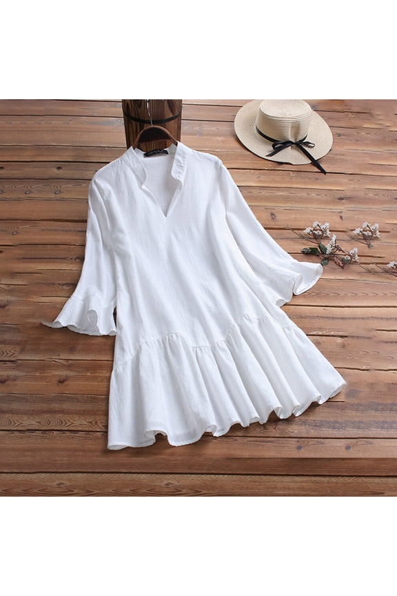 Womens Plus Size Tunic Shirts L-8XL Plain Cotton Linen Tunics or Tops Casual Ruffle Hem T Shirt Loose V Neck Blouses Cozy 3/4 Length Sleeve T-shirts White XL