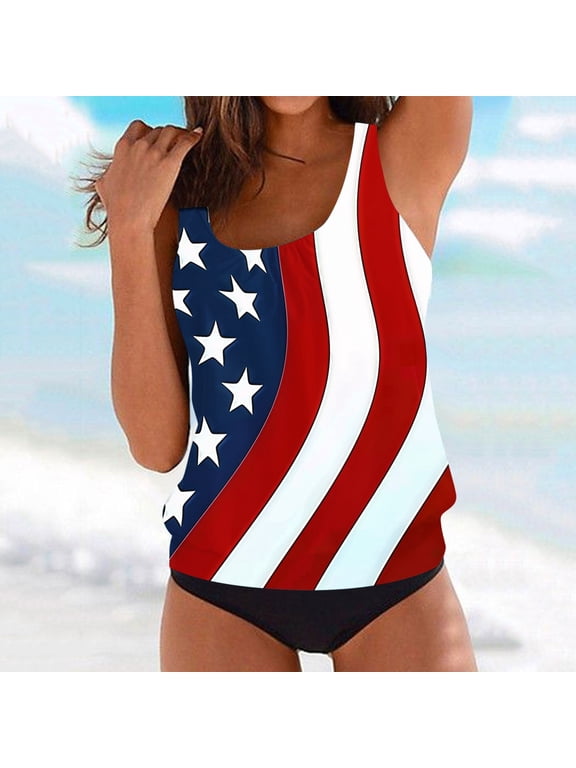 Womens Plus Size USA Flag Tankini Swimsuits with Shorts High Waist Tummy Control Tankini Set Independence Day Patriotic Bathing Suit Red XXXXXL