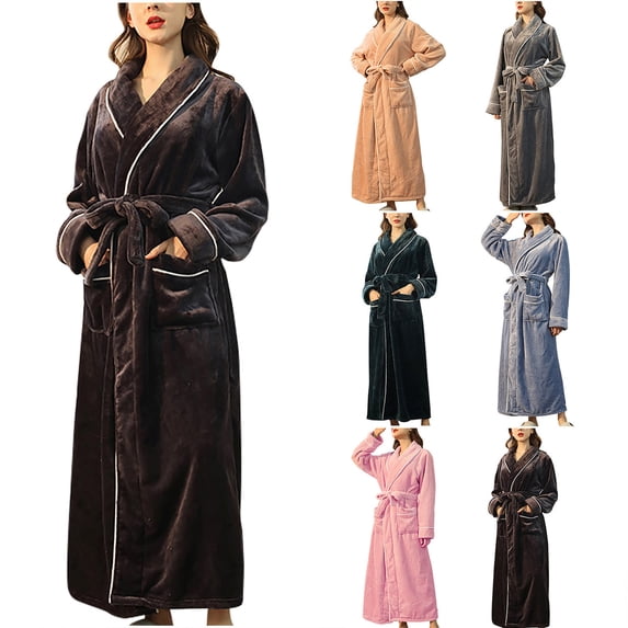 Aboser Womens Plush Bathrobes Fuzzy Flannel Long Robes Long Sleeve Belted Nightgowns Comfy Floor Length Bathrobe Soft V Neck Loungewear with Pockets Gray XL