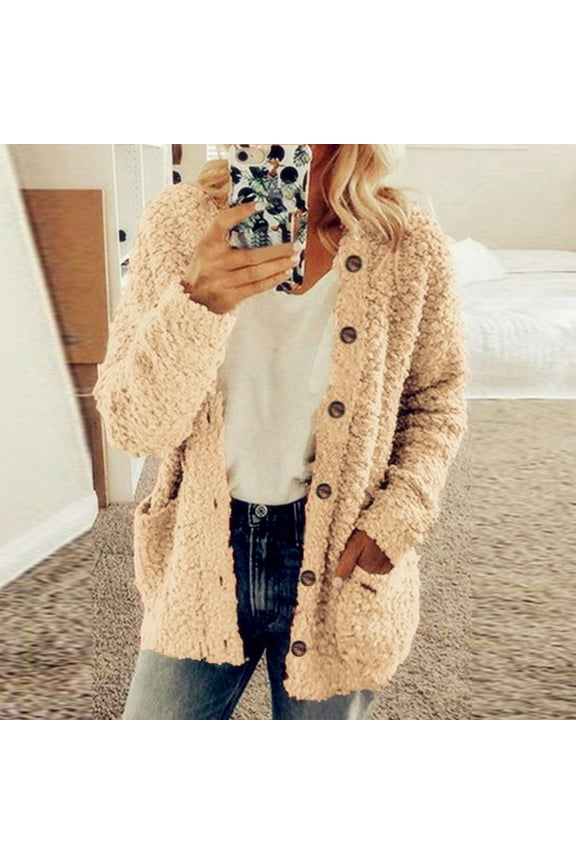 Womens Plush Fleece Sweater Jacket Warm Button Up Coat Casual Open Front Cardigan Sweaters Fall and Winter Fuzzy Jackets with Pockets Khaki XXL