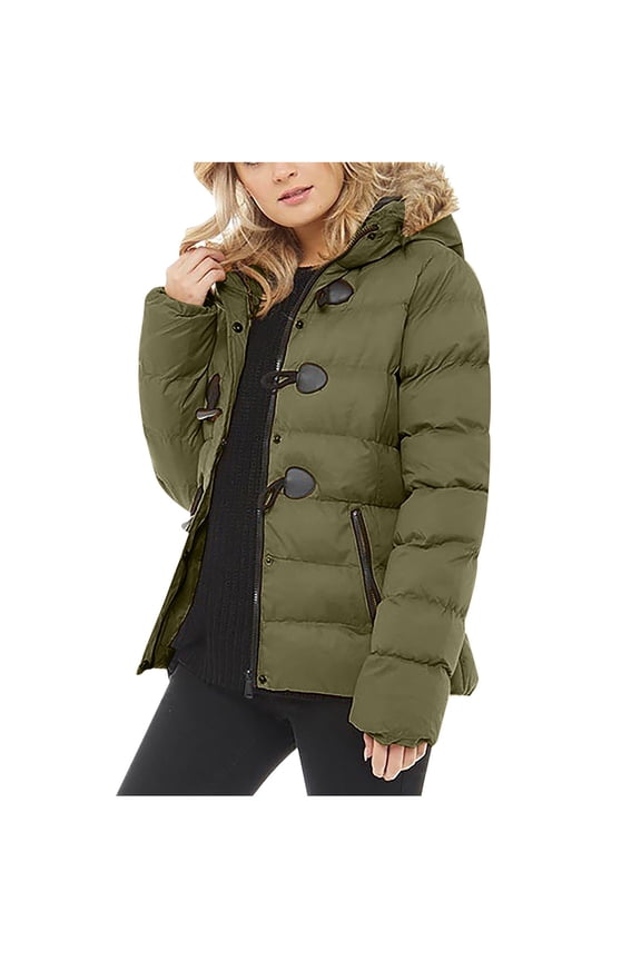 Womens Puffer Jacket with Faux Fur Hood Full Zip Cropped Quilted Jackets Fashion Horn Button Short Coats Thermal Bubble Padded Coat Outwear