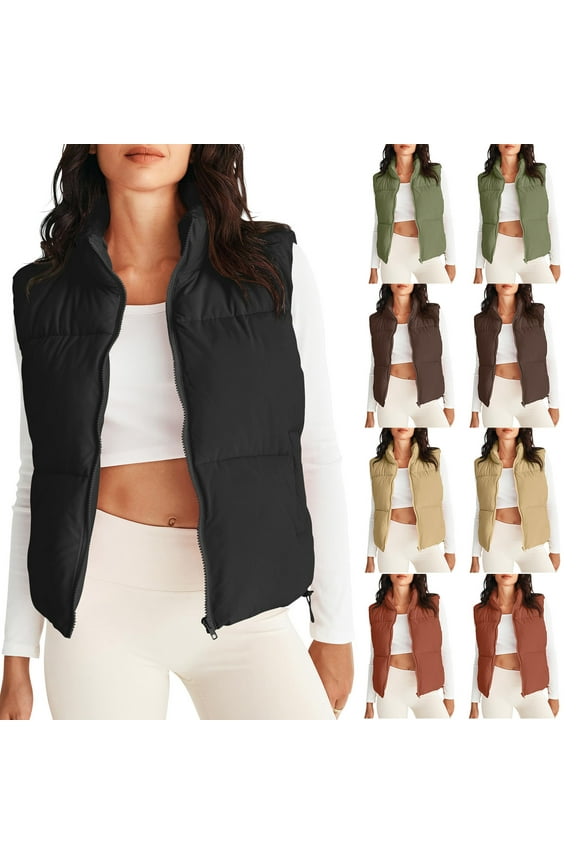 Womens Puffer Vest Stand Collar Full Zip Bubble Jackets Winter Warm Sleeveless Padded Vests Lightweight Crop Coats Casual Loose Fit Quilted Jacket with Pockets
