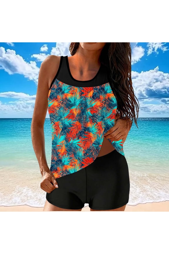 Womens Push Up Tankini Swimsuits with Boyshorts High Waisted 2 Piece Bathing Suit Trendy Hawaii Tropical Print Beachwear Loose Fit Modest Swimsuit Multicolor S