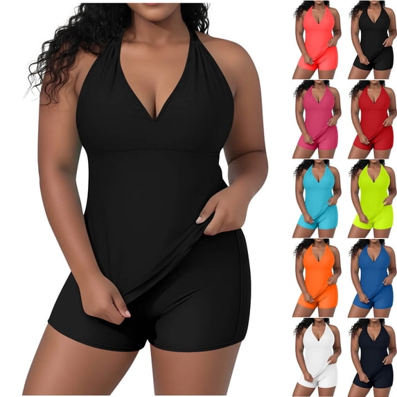 Aboser Womens Push Up Athletic Tankini Swimsuits Plus Size Halter Bathing Suit Two Piece Boyleg Tankinis Set Slim Fit V Neck Beachwear with Shorts