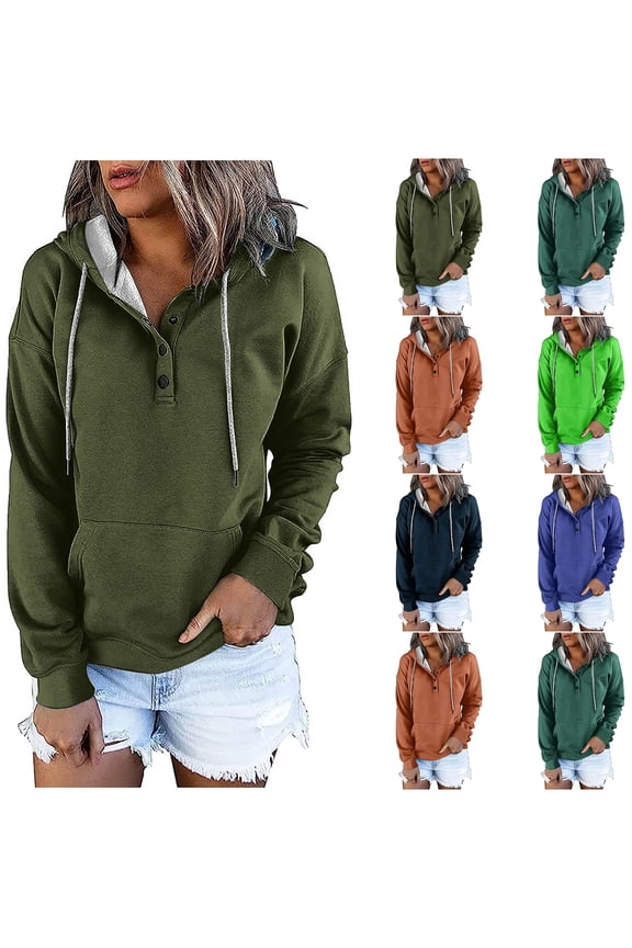 Womens Quarter Button Hoodies 2026 Fall Long Sleeve Hooded Sweatshirts Comfy Relaxed Casual Pullover Tops Lightweight Solid Color Shirts with Pocket Brown M