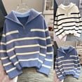 thumbnail image 1 of Aboser Womens Quarter Zip Pullover Sweaters Fashion Striped Uniform Sweater Comfy Cable Knit Blouses Loose Long Sleeve Knitwear Soft Lapel Collar Y2k Jumper Tops White L, 1 of 8