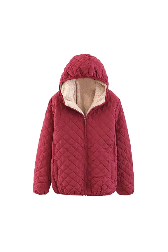 Womens Quilted Jacket with Hood Warm Plush Fleece Lined Coat Puffer Jackets Loose Zip Up Outerwear Solid Color Hooded Coats