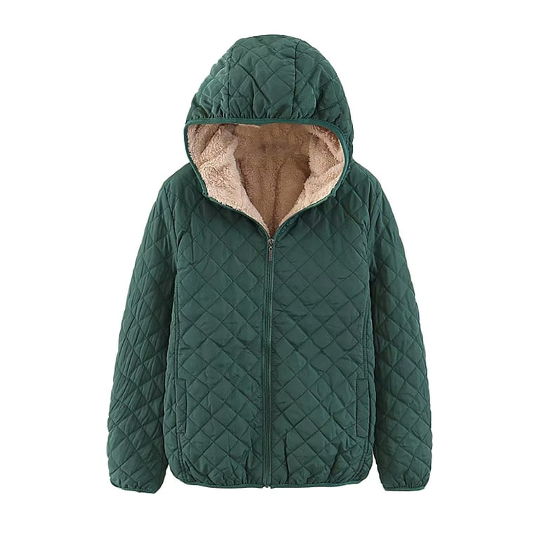 Aboser Womens Quilted Jacket with Hood Warm Plush Fleece Lined Coat Diamond Puffer Jackets Loose Zip Up Outerwear Solid Color Hooded Coats Walmart