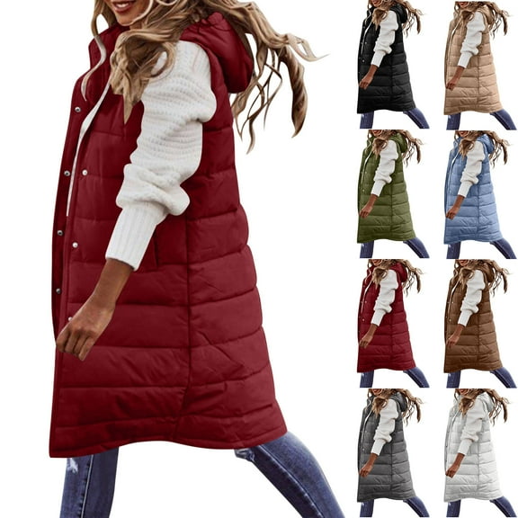 Aboser Womens Quilted Puffer Vests with Hood Winter Button Down Sleeveless Jackets Trendy Long Vest Coat Thermal Casual Padded Coats Outerwear with Pockets