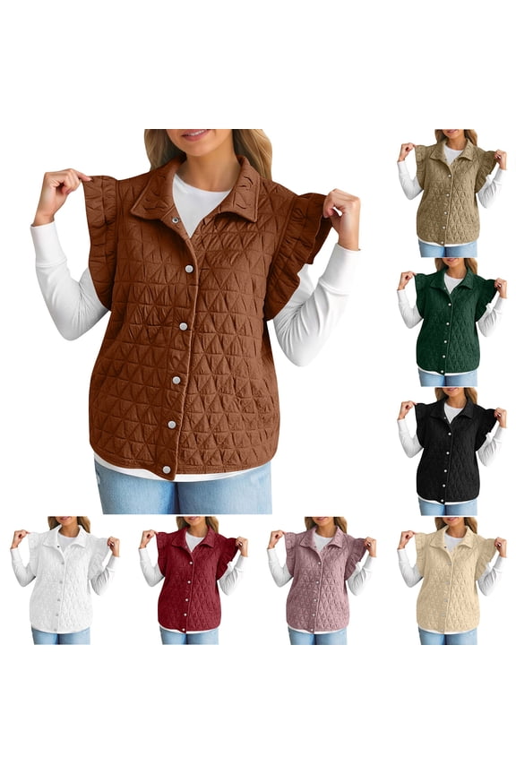 Womens Quilted Vest Trendy Ruffled Flutter Sleeve Puffer Vests Casual Warm Winter Jackets Lapel Collar Button Down Outerwear Coat