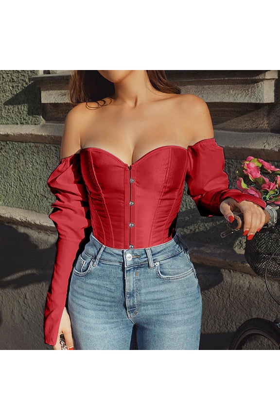 Womens Renaissance Corset Off the Shoulder Victorian Shapewear Steampunk Corset Tops Solid Long Sleeve Bodices Slimming Waist
