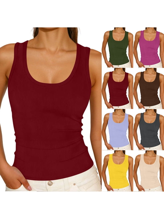 Womens Ribbed Knit Baselayer Slimming Soft Sleeveless Shirt Summer U Neck Tank Tops Lightweight Casual Layering Shirts