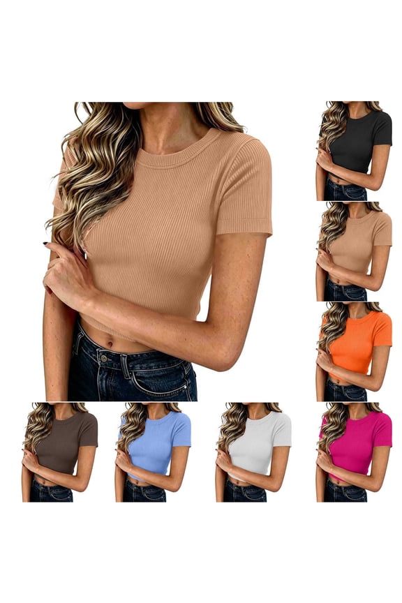 Womens Ribbed Knit Basic T Shirts Stretchy Short Sleeve Shirt Y2K Crop Tops Summer Slim Fitted Layering Top Going Out Tshirts