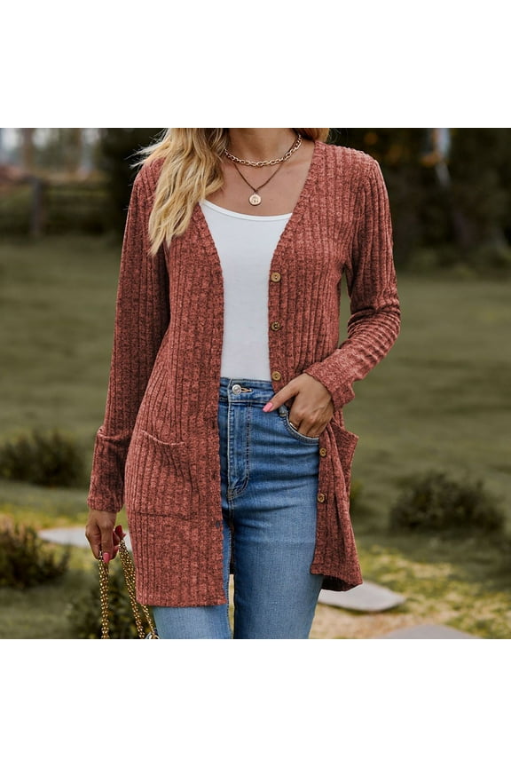 Womens Ribbed Knit Cardigan Sweaters with Pockets Dressy Casual Button Down Cardigans Loose Long Sleeve Sweater Coats Warm Open Front Outerwear