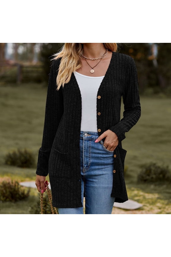 Womens Ribbed Knit Cardigan Sweaters with Pockets Dressy Casual Button Down Cardigans Loose Long Sleeve Sweater Coats Warm Open Front Outerwear