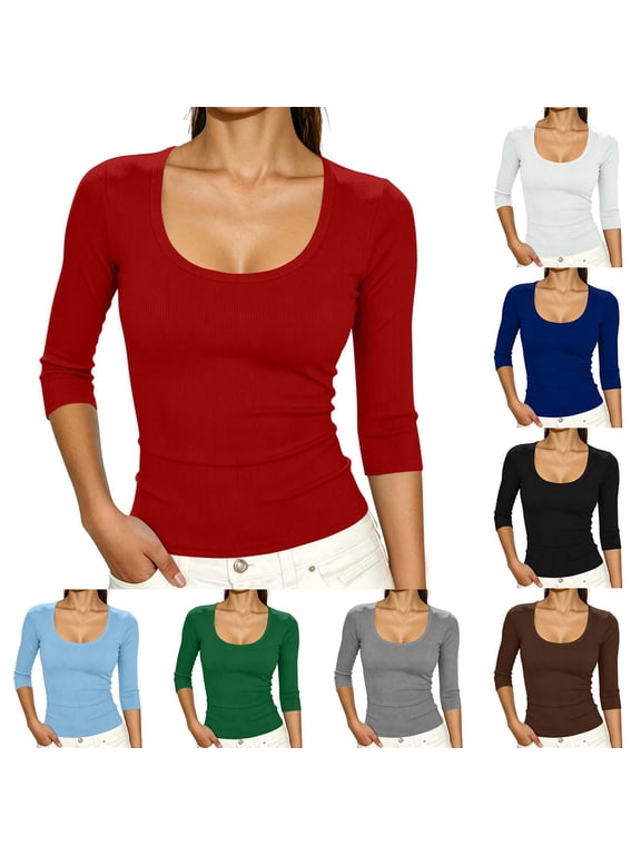 Womens Ribbed Knit Shirts 3/4 Sleeve Basic Tees Slim Fit Layering Shirt Underscrubs Cozy Soft Base Layers Fall Fashion Outfits