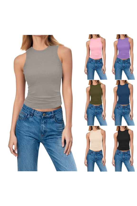 Womens Ribbed Knit Tank Tops Y2k High Neck Basic Tees Stretchy Slim Fit Sleeveless Undershirts Comfy Soft Layering Shirt