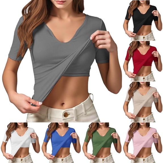 Aboser Womens Ribbed Knit Tops with Built in Bras Slim Fit Short Sleeve Shirts Solid Color Basic Tees Summer Casual V Neck Tshirts Cozy Soft Padded Workout T Shirt Gray S