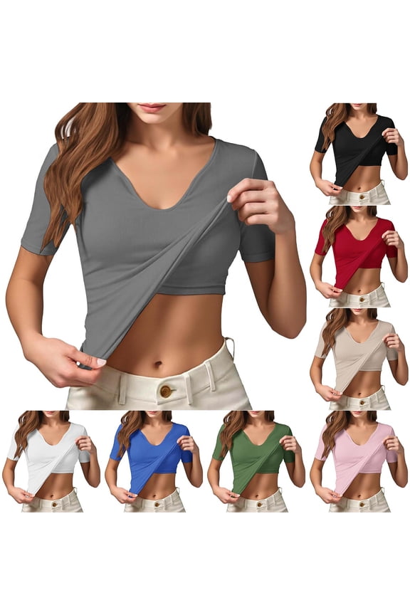 Womens Ribbed Knit Tops with Built in Bras Slim Fit Short Sleeve Shirts Solid Color Basic Tees Summer Casual V Neck Tshirts Cozy Soft Padded Workout T Shirt Gray S