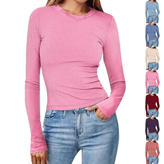 Aboser Womens Ribbed Knit Tops Slim Fit Long Sleeve T-shirt Y2k Crop Basic Tees Comfy Soft Crewneck Tshirts Stretchy Casual Tee Shirts Purple S
