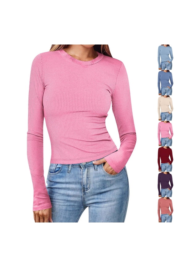 Womens Ribbed Knit Tops Slim Fit Long Sleeve T-shirt Y2k Crop Basic Tees Comfy Soft Crewneck Tshirts Stretchy Casual Tee Shirts Wine XL