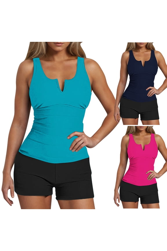 Womens Ribbed Tankini Swimsuits Tummy Control Two Piece Bathing Suit with Boyshorts Athletic High Waisted Swimwear Slimming Modest Swim Suits Navy XL