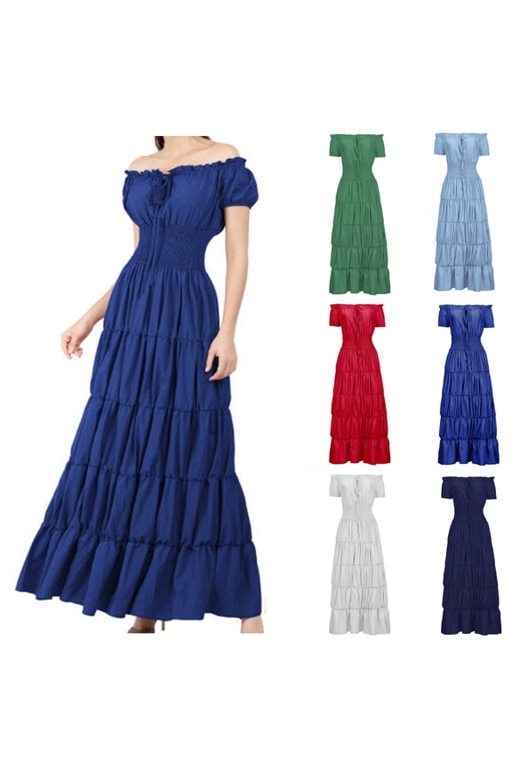 Womens Ruched Tiered Irish Dress Off the Shoulder Maxi Dresses Smocked Waist Short Sleeve Victorian Dress Lace Up Tea Party Sundress