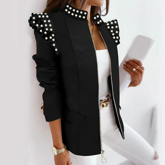 Aboser Womens Ruffle Long Sleeve Blazer for Work Casual Black Blazer Slim Fit Business Attire Office Zip Up Jacket with Pockets