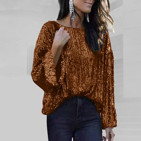Aboser Womens Sequin Top Long Sleeve Sparkle Blouse Shimmer Glitter Sweatshirt Party Club Sequined Shirt Pullover Crewneck Loose Fit Shirts