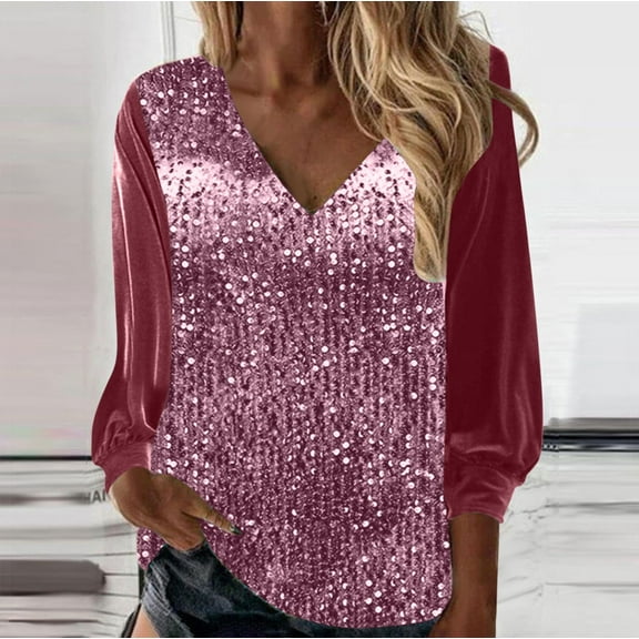 Aboser Womens Sequin Tops V Neck Sparkly Shirts Loose Long Sleeve Blouse Fashion Party Tunics Top Dressy Casual Shimmer Glitter Shirt