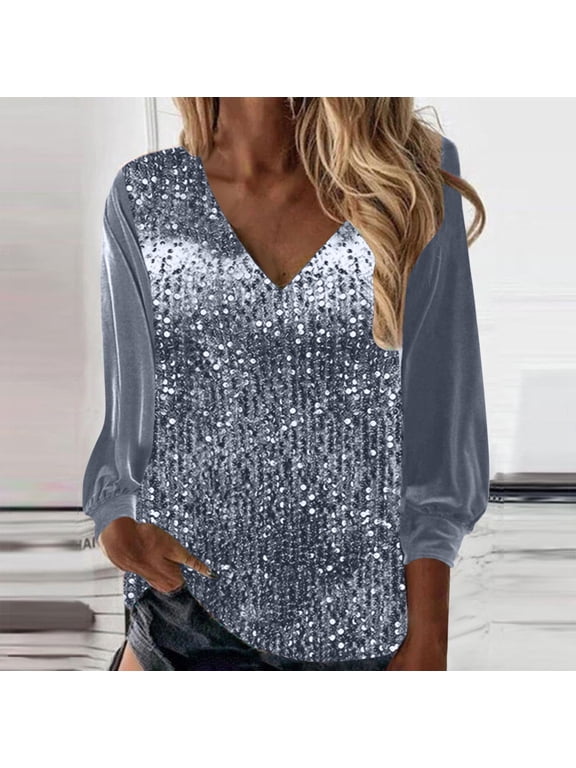 Womens Sequin Tops V Neck Sparkly Shirts Loose Long Sleeve Blouse Fashion Party Tunics Top Dressy Casual Shimmer Glitter Shirt